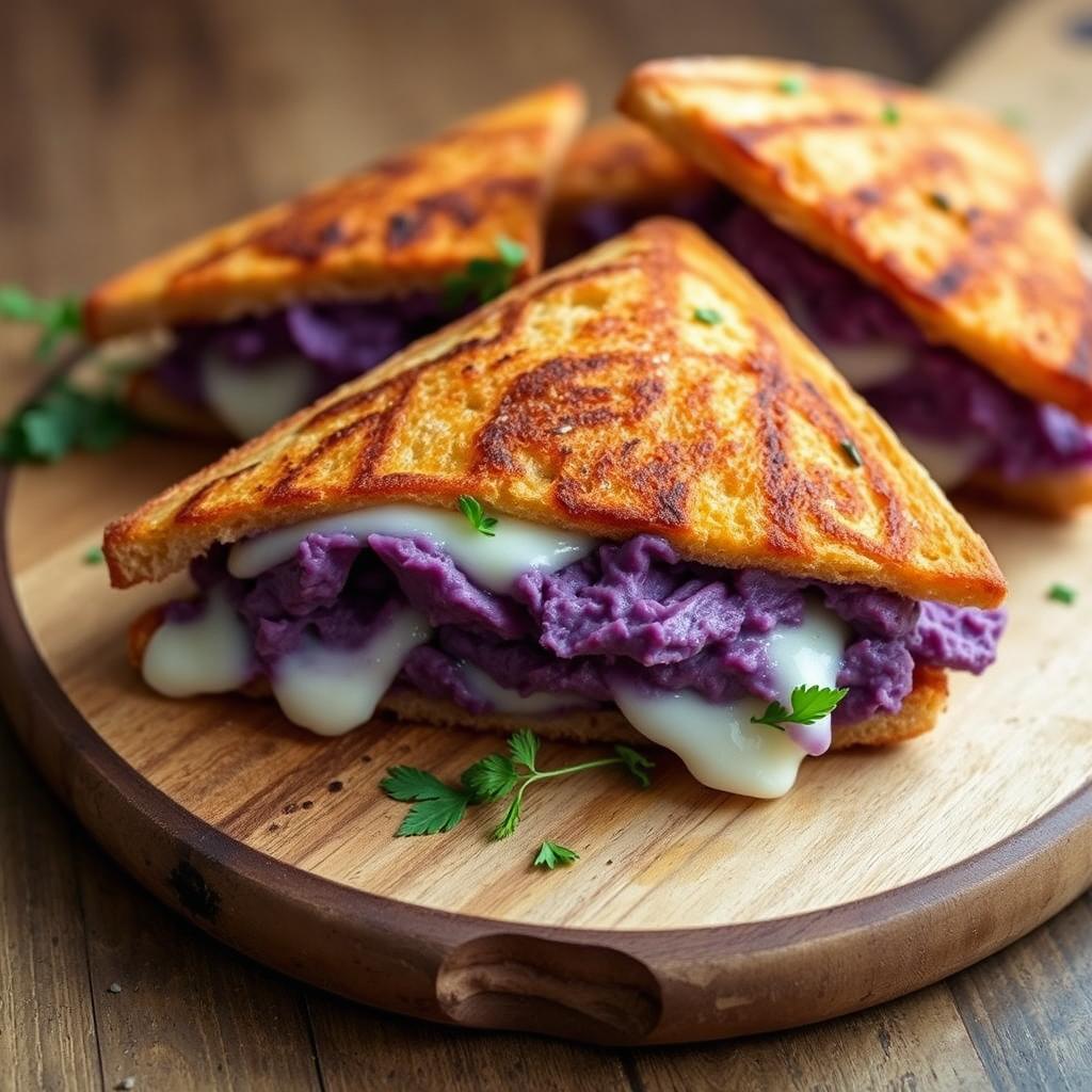 A delectable triangular sandwich filled with creamy mashed purple sweet potatoes and a slight pull of melted mozzarella cheese, oozing invitingly from the sides