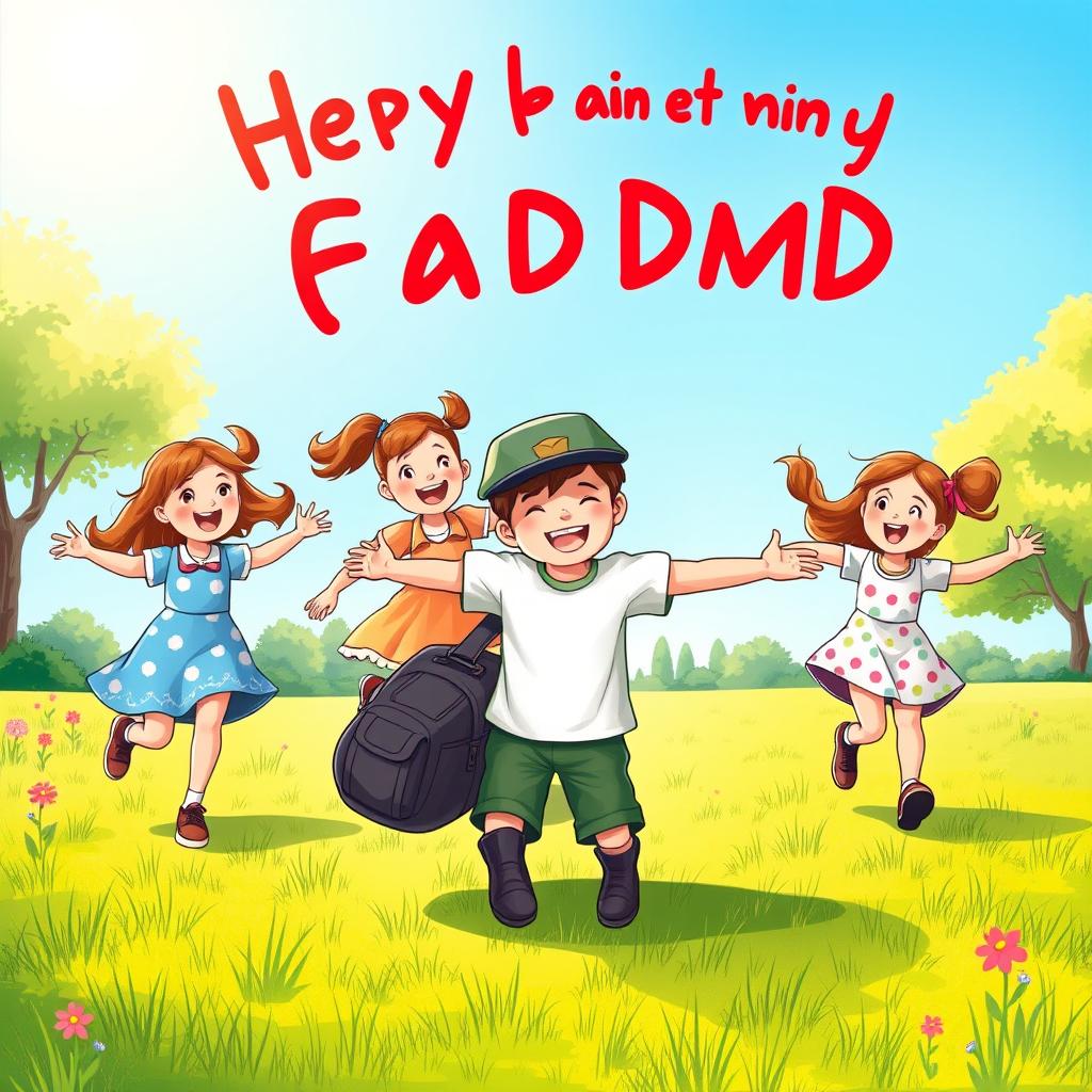 A heartwarming scene in a children's book style, depicting four girls and one boy joyfully running towards their father, who is a military man in uniform