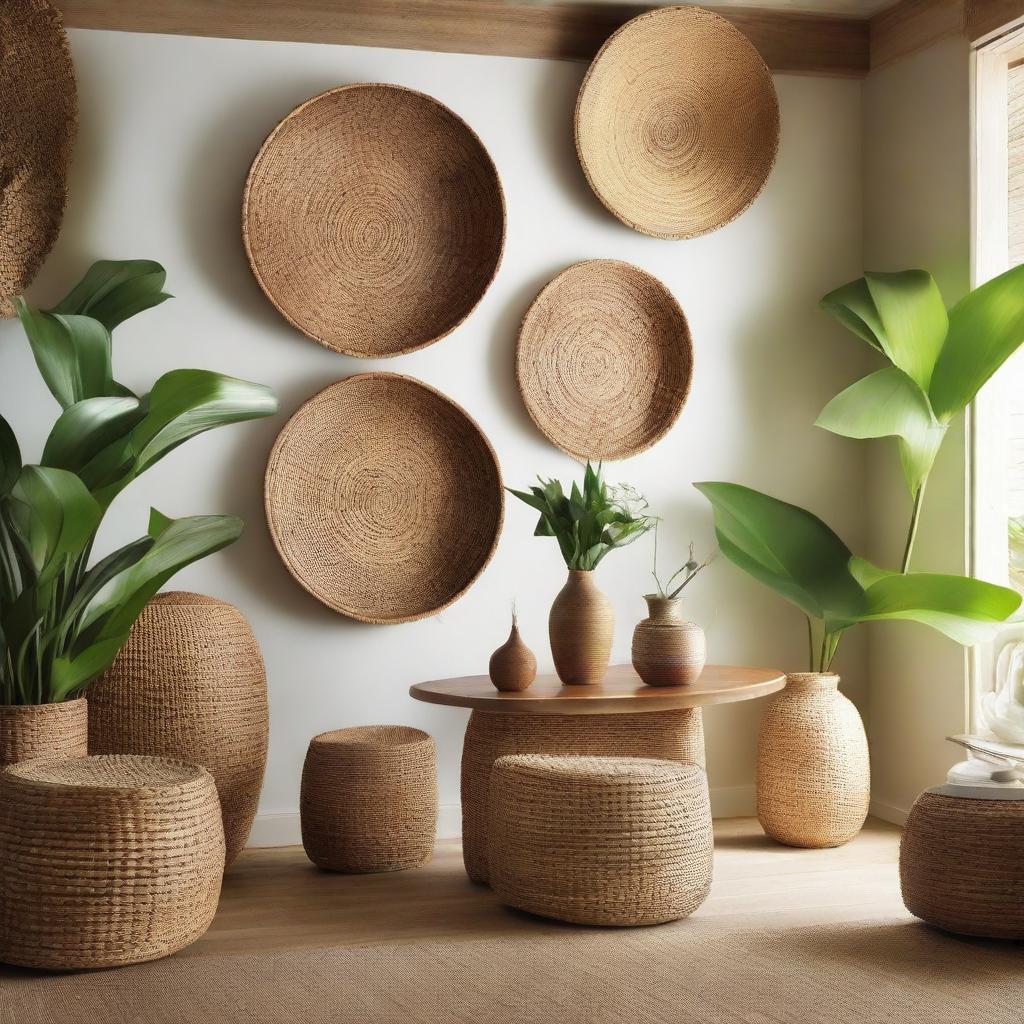 Create a gallery-like store filled with baskets made from water hyacinth and seagrass, bamboo chairs, a futuristic teak wood table and round wall decor, combining natural elements with forward-thinking design.