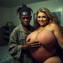 In a dimly lit motel room, a very short and malnourished 25-year-old black African woman with deep black skin has a fierce expression