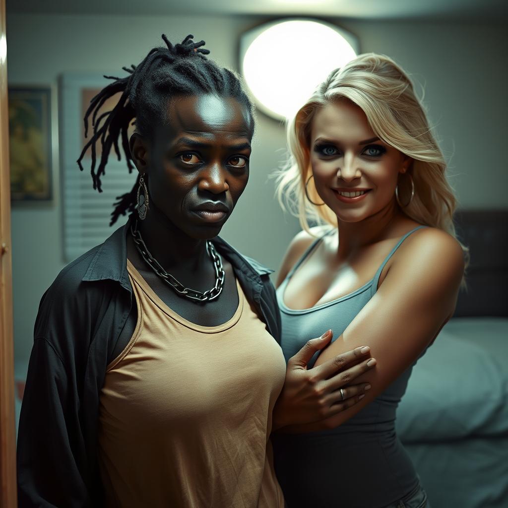 In a dimly lit motel room, a very short and malnourished 25-year-old black African woman with deep black skin has a fierce expression