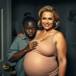 In a dimly lit motel room, a very short and malnourished 25-year-old black African woman with deep black skin has a fierce expression