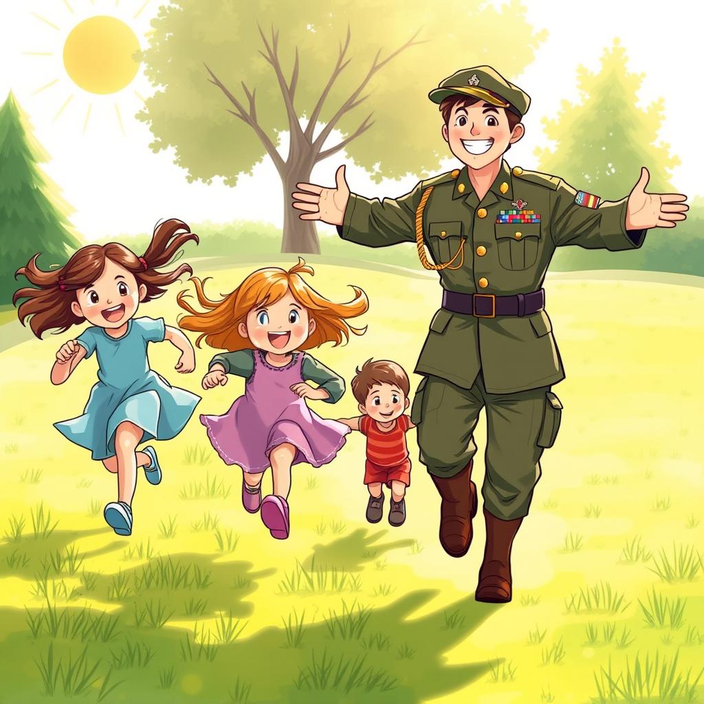 A charming scene styled like a children's book illustration, showcasing four girls and one boy energetically running towards their father, who is dressed in a detailed army uniform