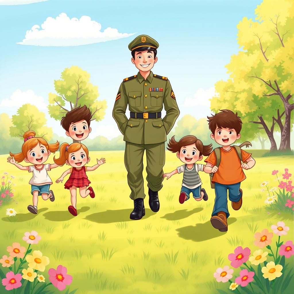 A delightful illustration in the style of a children's book, showing a group of cheerful children running towards their father, who is dressed in an army uniform
