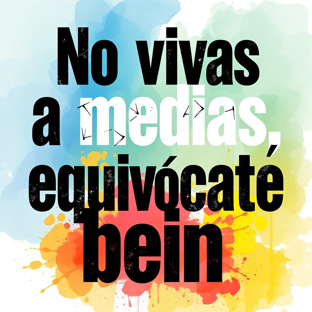 El mensaje motivacional "No vivas a medias, equivócate bien" presentado en un estilo artístico contemporáneo, con fondo de acuarela vibrante, incluye la frase en letras grandes y audaces, con una tipografía dinámica que evoca energía y pasión
