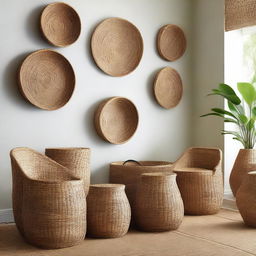 Create a gallery-like store filled with baskets made from water hyacinth and seagrass, bamboo chairs, a futuristic teak wood table and round wall decor, combining natural elements with forward-thinking design.