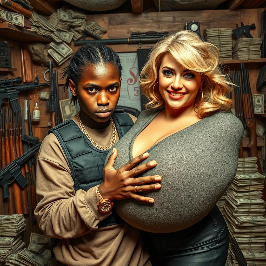 In a rundown shack filled with weapons and stacks of dollars, a very short and malnourished 25-year-old black African woman with deep black skin has an angry expression