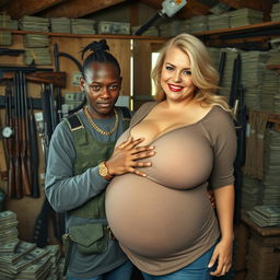 In a rundown shack filled with weapons and stacks of dollars, a very short and malnourished 25-year-old black African woman with deep black skin has an angry expression