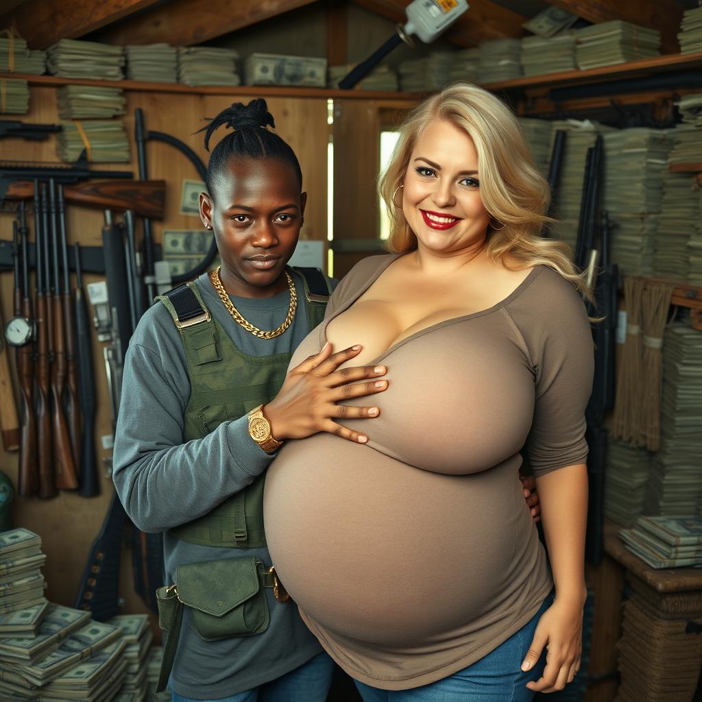 In a rundown shack filled with weapons and stacks of dollars, a very short and malnourished 25-year-old black African woman with deep black skin has an angry expression