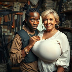 In a rundown shack filled with weapons and stacks of dollars, a very short and malnourished 25-year-old black African woman with deep black skin has an angry expression