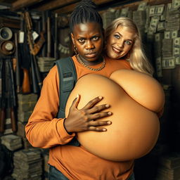 In a rundown shack filled with weapons and stacks of dollars, a very short and malnourished 25-year-old black African woman with deep black skin has an angry expression