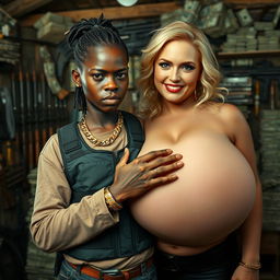 In a rundown shack filled with weapons and stacks of dollars, a very short and malnourished 25-year-old black African woman with deep black skin has an angry expression