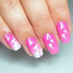 A beautifully designed manicure featuring a combination of pink and white colors, decorated with lightning bolt patterns