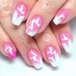 A beautifully designed manicure featuring a combination of pink and white colors, decorated with lightning bolt patterns