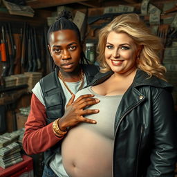 In a rundown shack filled with weapons and stacks of dollars, a very short and malnourished 25-year-old black African woman with deep black skin has an angry expression