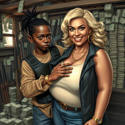 In a rundown shack filled with weapons and stacks of dollars, a very short and malnourished 25-year-old black African woman with deep black skin has an angry expression