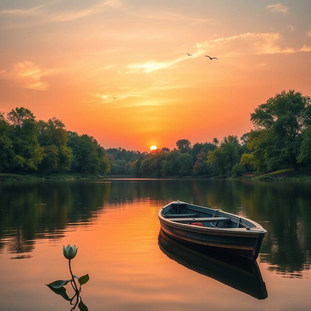 A serene sunset over a calm lake, with soft orange and pink hues reflecting on the water