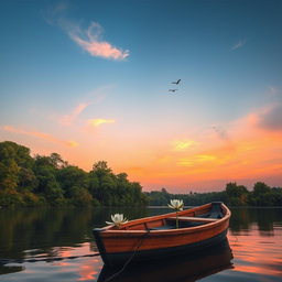 A serene sunset over a calm lake, with soft orange and pink hues reflecting on the water