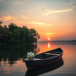 A serene sunset over a calm lake, with soft orange and pink hues reflecting on the water