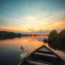 A serene sunset over a calm lake, with soft orange and pink hues reflecting on the water