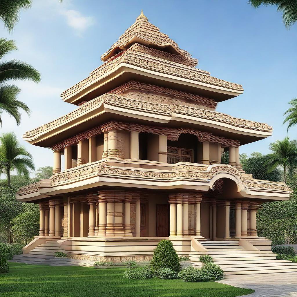 A house design inspired by traditional temple architecture, with intricate carvings, stone masonry, and stepped pyramid-like structures.