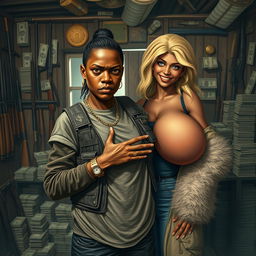 In a rundown shack filled with weapons and stacks of dollars, a very short and malnourished 25-year-old black African woman with deep black skin has an angry expression