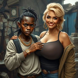 In a rundown shack filled with weapons and stacks of dollars, a very short and malnourished 25-year-old black African woman with deep black skin has an angry expression