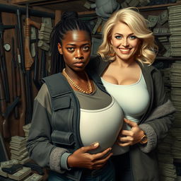 In a rundown shack filled with weapons and stacks of dollars, a very short and malnourished 25-year-old black African woman with deep black skin has an angry expression