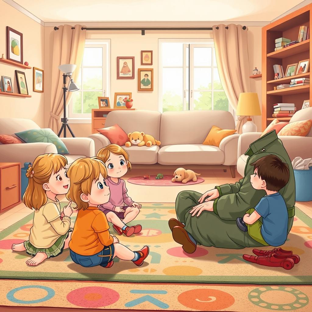 A heartwarming illustration in the style of a children's book, depicting a military father sitting on the floor of a cozy living room with his children