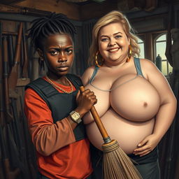 In a rundown shack filled with weapons, a very short and malnourished 25-year-old black African woman with deep black skin has an angry expression