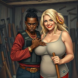 In a rundown shack filled with weapons, a very short and malnourished 25-year-old black African woman with deep black skin has an angry expression