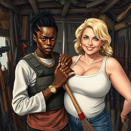 In a rundown shack filled with weapons, a very short and malnourished 25-year-old black African woman with deep black skin has an angry expression