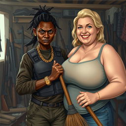 In a rundown shack filled with weapons, a very short and malnourished 25-year-old black African woman with deep black skin has an angry expression