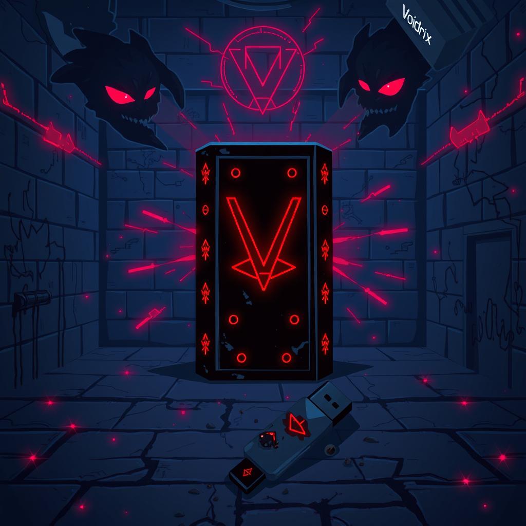 A dark Voidrix laboratory featuring a central black monolith covered in glowing red symbols