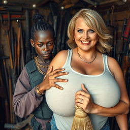 In a rundown shack filled with weapons, a very short and malnourished 25-year-old black African woman with deep black skin has an angry expression