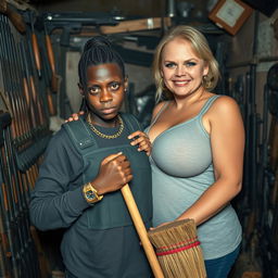 In a rundown shack filled with weapons, a very short and malnourished 25-year-old black African woman with deep black skin has an angry expression