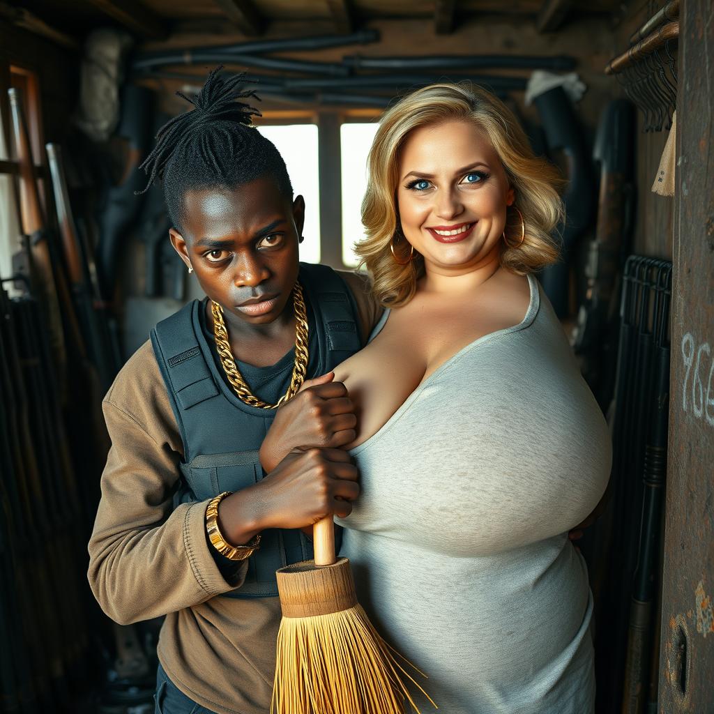 In a rundown shack filled with weapons, a very short and malnourished 25-year-old black African woman with deep black skin has an angry expression