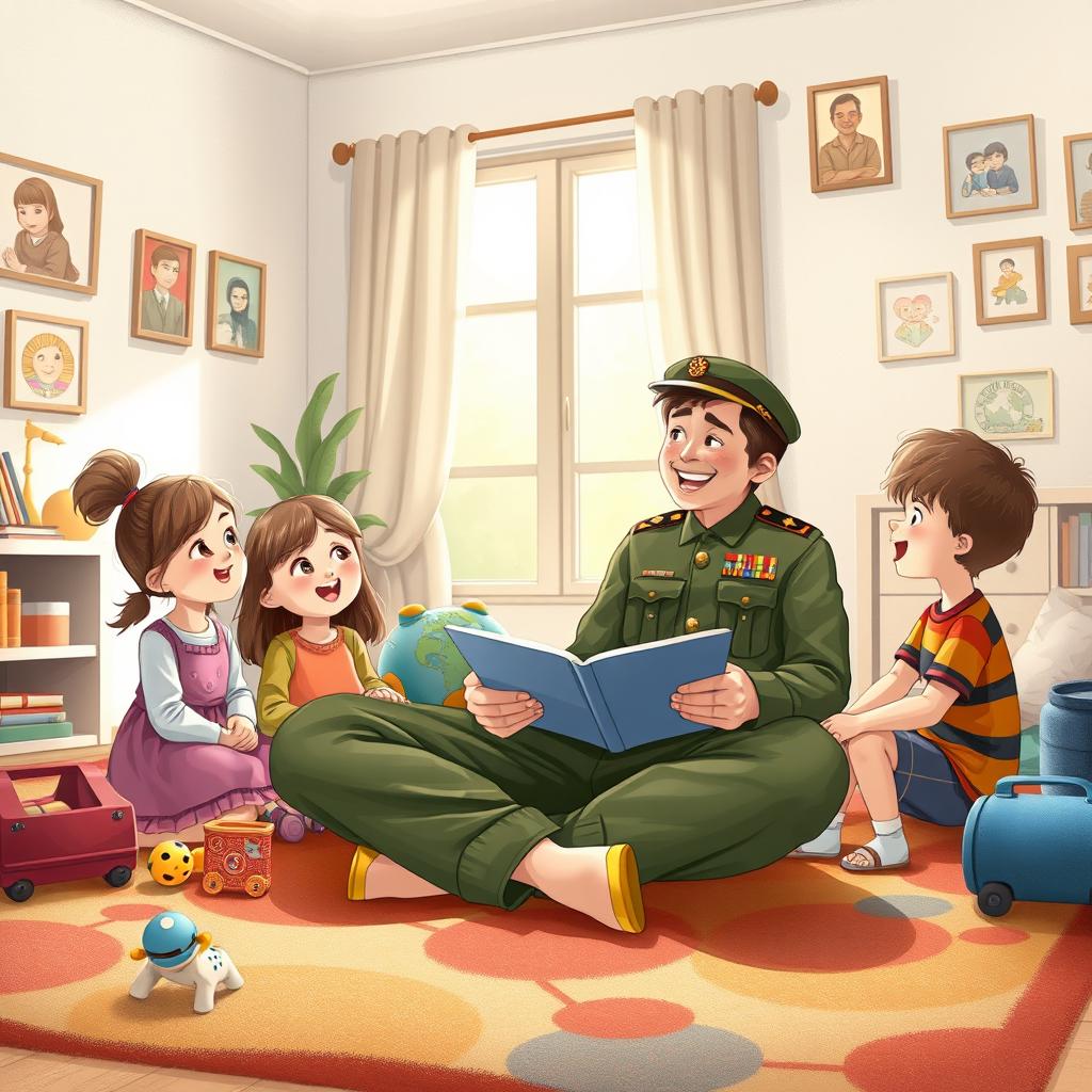 A heartwarming illustration in the style of a children's book, depicting a military father sitting cross-legged on a soft, colorful carpet in a cozy living room