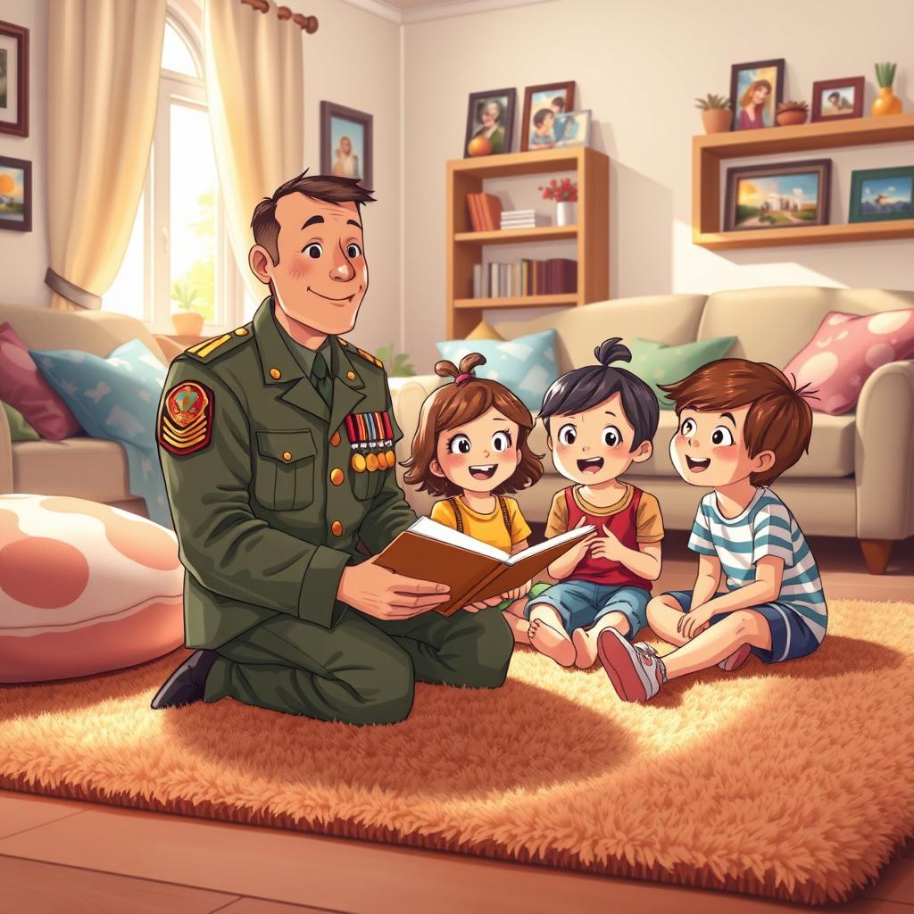 A charming illustration in the style of a children's book, showcasing a military father sitting on the plush carpet of a warm living room with his three children