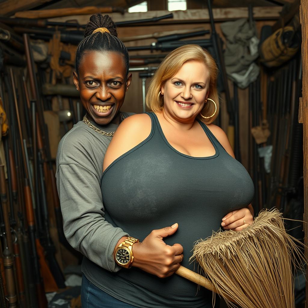 In a rundown shack filled with weapons, a very short and malnourished 25-year-old black African woman with deep black skin shows an angry expression, gritting her yellowed and broken teeth