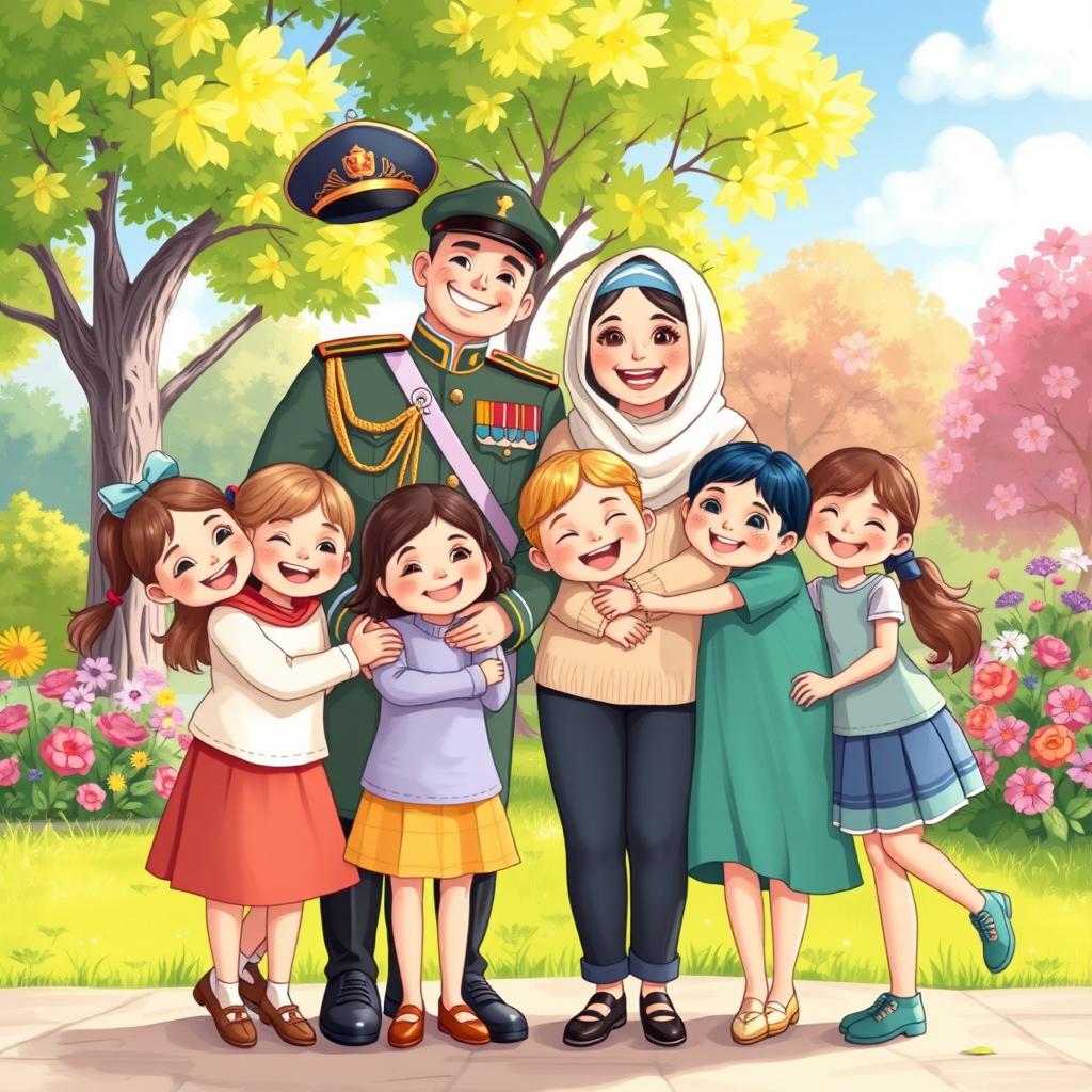A joyful illustration in the charming style of a children's book, capturing a happy family in a beautiful outdoor setting