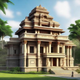 A house design inspired by traditional temple architecture, with intricate carvings, stone masonry, and stepped pyramid-like structures.