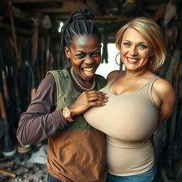 In a rundown shack filled with weapons, a very short and malnourished 25-year-old black African woman with deep black skin has an angry expression, showing her yellowed and broken teeth as she grits them in rage