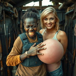 In a rundown shack filled with weapons, a very short and malnourished 25-year-old black African woman with deep black skin has an angry expression, showing her yellowed and broken teeth as she grits them in rage