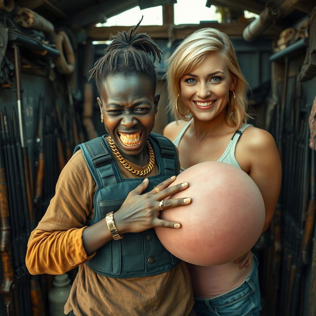 In a rundown shack filled with weapons, a very short and malnourished 25-year-old black African woman with deep black skin has an angry expression, showing her yellowed and broken teeth as she grits them in rage