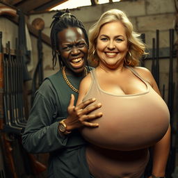 In a rundown shack filled with weapons, a very short and malnourished 25-year-old black African woman with deep black skin has an angry expression, showing her yellowed and broken teeth as she grits them in rage