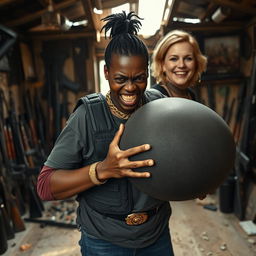 In a rundown shack filled with weapons, a very short and malnourished 25-year-old black African woman with deep black skin displays an angry expression, showing her yellowed and broken teeth as she grits them in rage