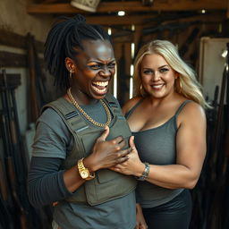 In a rundown shack filled with weapons, a very short and malnourished 25-year-old black African woman with deep black skin displays an angry expression, showing her yellowed and broken teeth as she grits them in rage