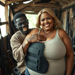 In a rundown shack filled with weapons, a very short and malnourished 25-year-old black African woman with deep black skin displays an angry expression, showing her yellowed and broken teeth as she grits them in rage