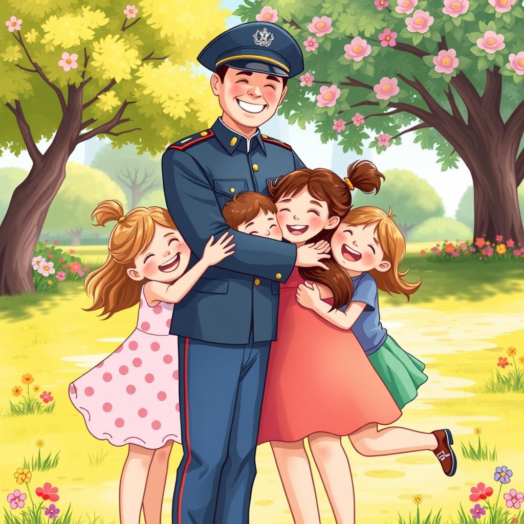 A vibrant and joyful illustration in the style of a children's book, depicting a happy family in a picturesque outdoor setting